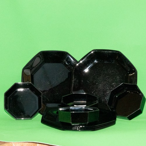 Vintage 10-Piece Set Of Arcopal/Arcoroc (France) Black Octagonal Glass Dinnerware
